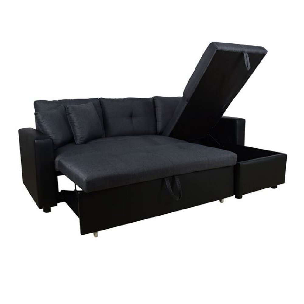 Καναπές γωνιακός-κρεβάτι από ύφασμα/PU σε χρώμα γκρι/μαύρο 220x146x86