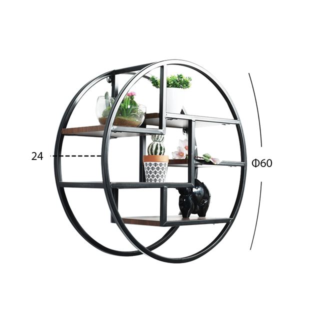 Ραφιέρα τοίχου "QUINN" στρόγγυλη από μέταλλο σε χρώμα μαύρο/καρυδί Φ60x24
