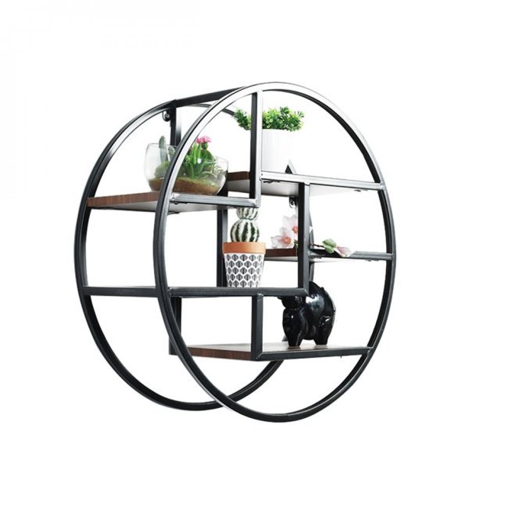 Ραφιέρα τοίχου "QUINN" στρόγγυλη από μέταλλο σε χρώμα μαύρο/καρυδί Φ60x24