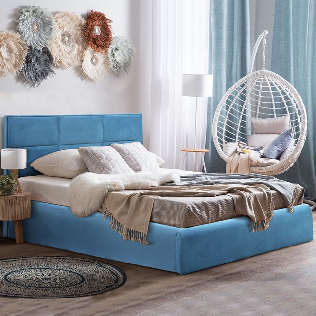 Κρεβάτι "BRILEY" με αποθηκευτικό χώρο από ύφασμα βελούδο σε χρώμα πετρόλ 160x200