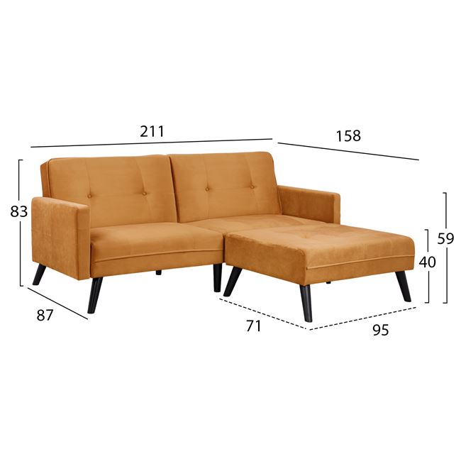 Καναπές γωνιακός-κρεβάτι "LIVIA" από ύφασμα με υποπόδιο σε χρώμα χρυσό 211x87-158x83