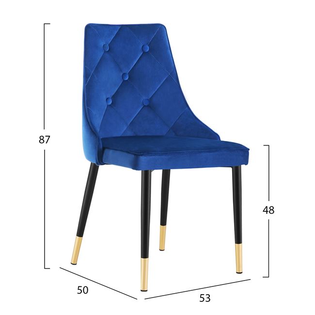 Καρέκλα "FANNIE" από βελούδο/μέταλλο σε χρώμα μπλε/μαύρο 53x50x87