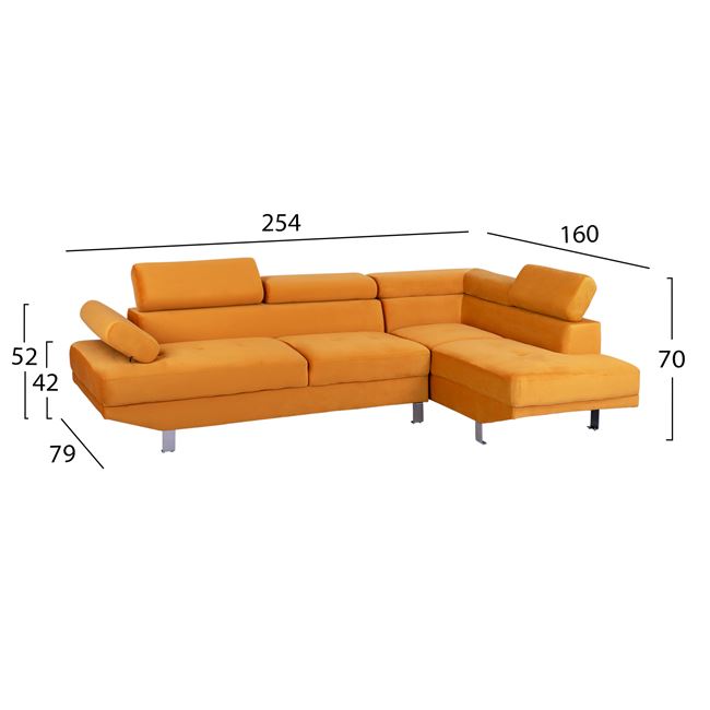 Καναπές γωνία δεξιά "FAITH" από βελούδο σε χρώμα κίτρινο 254x79-160x70-84