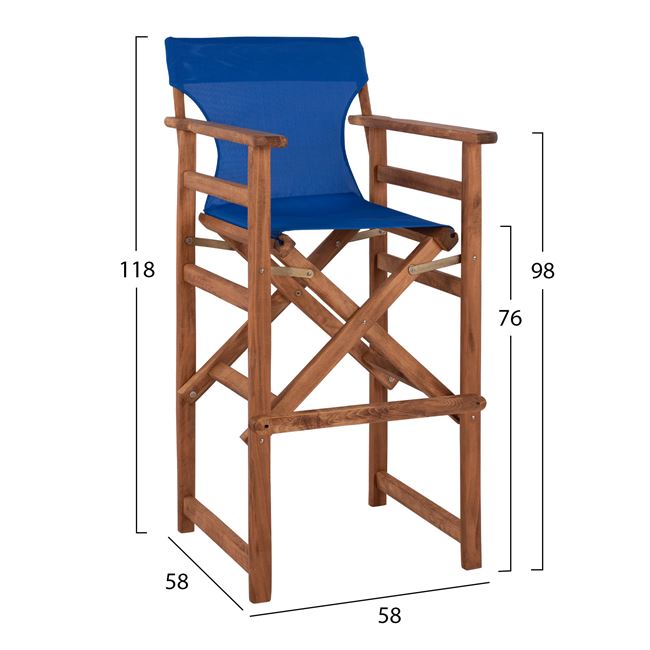 Σκαμπό μπαρ σκηνοθέτη "ΛΗΜΝΟΣ" από ξύλο/ύφασμα σε χρώμα καρυδί/μπλε 58x58x118