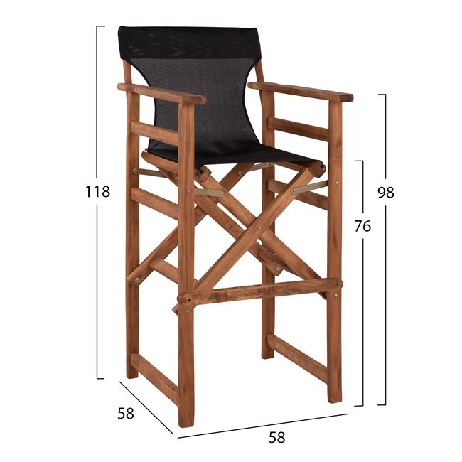 Σκαμπό μπαρ σκηνοθέτη "ΛΗΜΝΟΣ" από ξύλο/ύφασμα σε χρώμα καρυδί/μαύρο 58x58x118