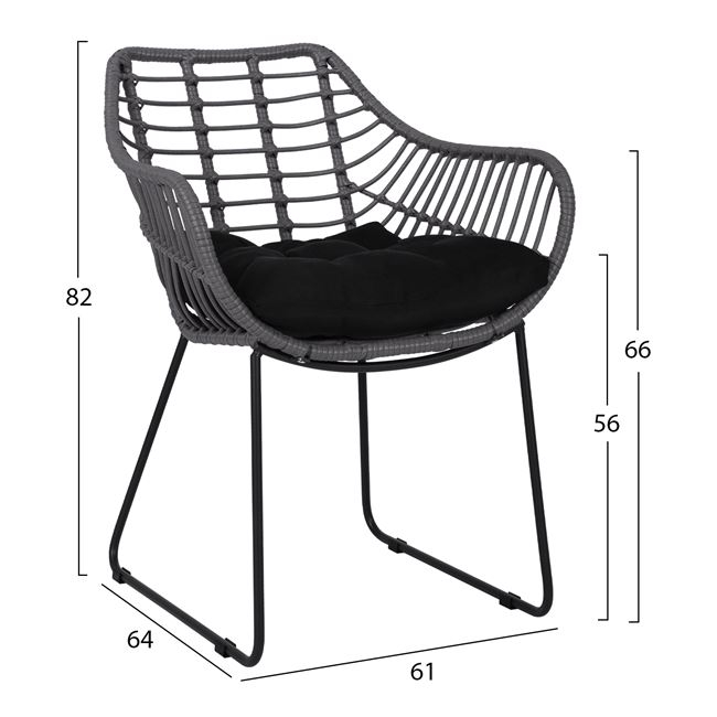 Πολυθρόνα από μέταλλο-wicker σε μαύρο-γκρι χρώμα 61x64x82
