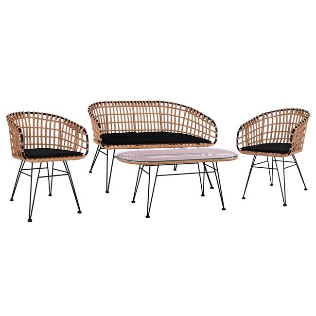 Σετ κήπου 4τμχ από μέταλλο/wicker σε χρώμα μαύρο/μπεζ 100x45x46