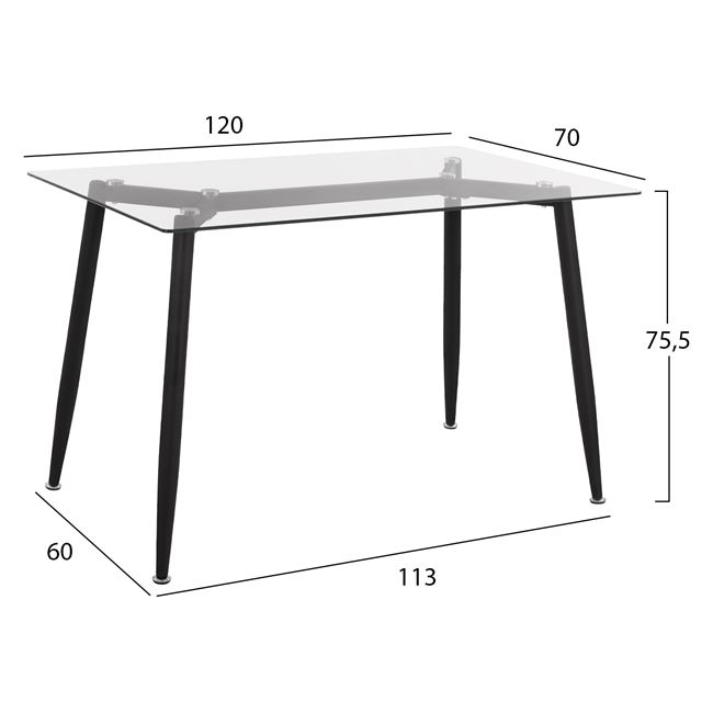 Τραπέζι κουζίνας μεταλλικό/γυαλί σε χρώμα μαύρο/διάφανο 120x70x75.5