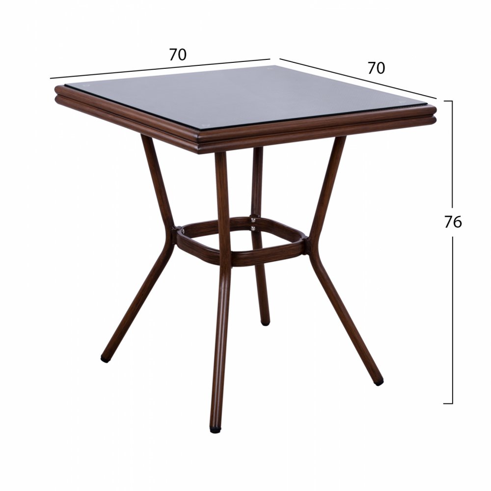 Τραπέζι "BAMBOO LOOK" από αλουμίνιο-τζάμι σε καφέ χρώμα 70x70x76