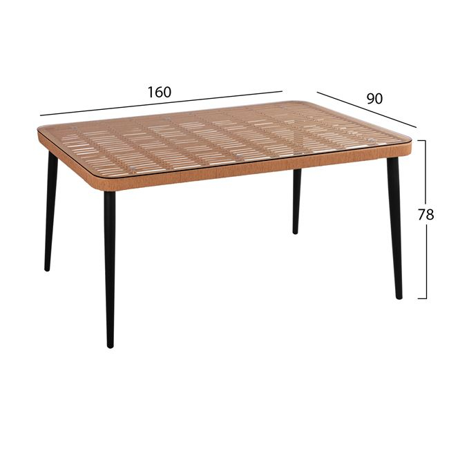 Τραπέζι εξωτερικού χώρου "ALLEGRA" από μέταλλο-wicker-γυαλί σε μπεζ χρώμα 160x90x78
