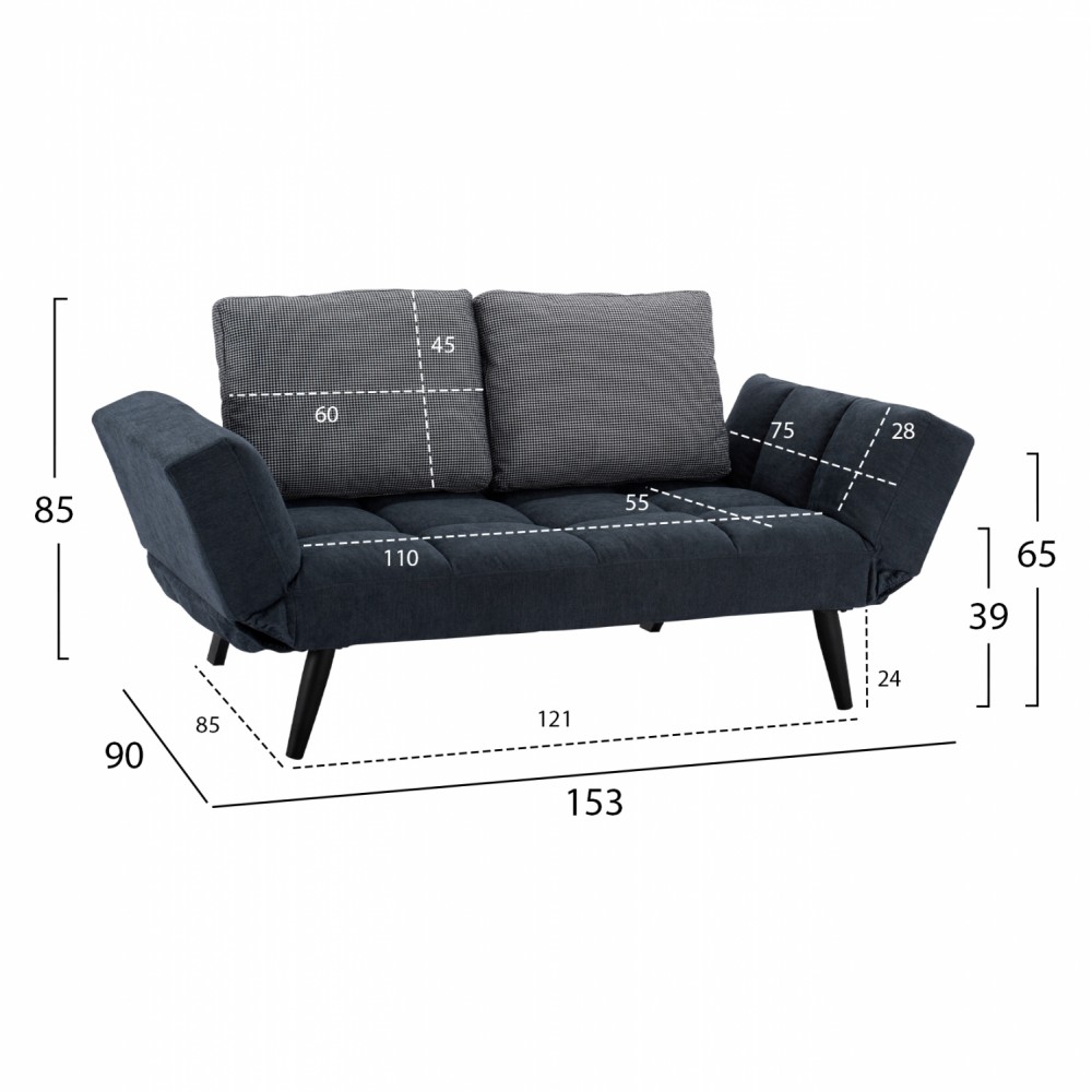 Καναπές τριθέσιος πολυμορφικός από ύφασμα σε χρώμα μαύρο/μπλε 153-190x90x72-85