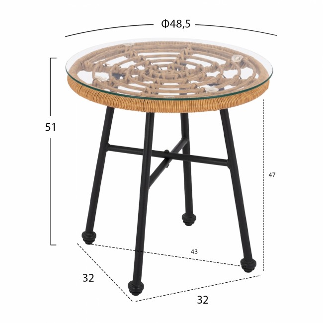 Τραπέζι εξωτερικού χώρου στρόγγυλο από μέταλλο-wicker-γυαλί σε μαύρο-μπεζ Φ48,5x51