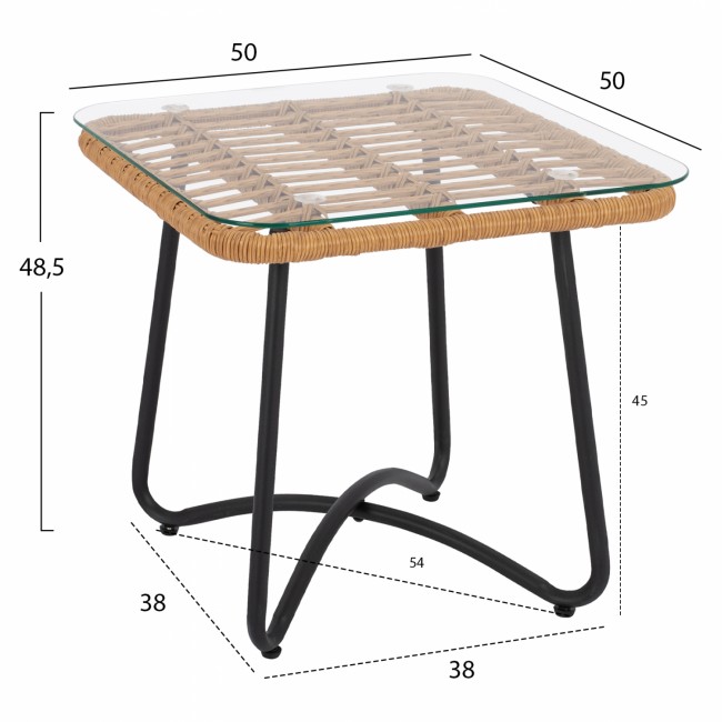Τραπέζι εξωτερικού χώρου από μέταλλο-wicker-γυαλί σε μαύρο-μπεζ 50x50x48,5