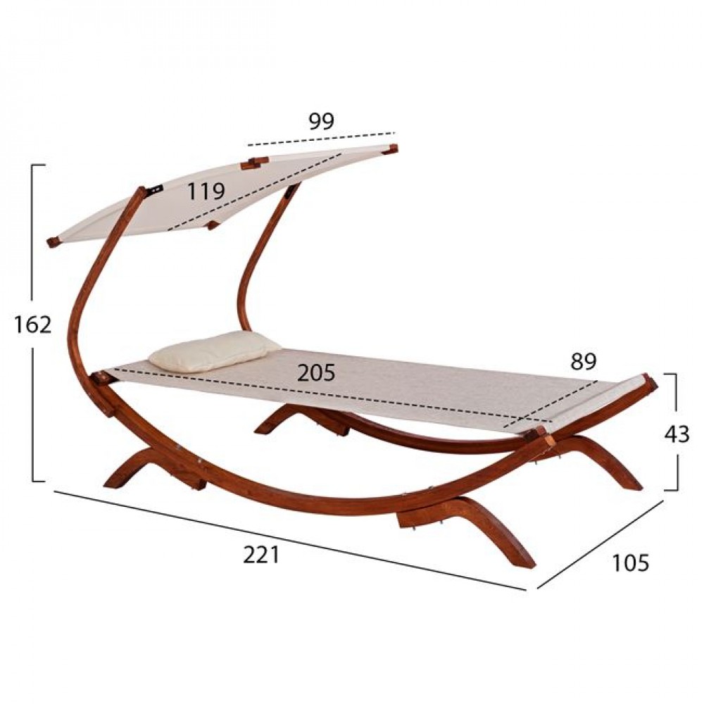 Ξαπλώστρα "COLBY" με σκίαστρο από ξύλο/textilene σε καρυδί/μπεζ χρώμα 105x221x162