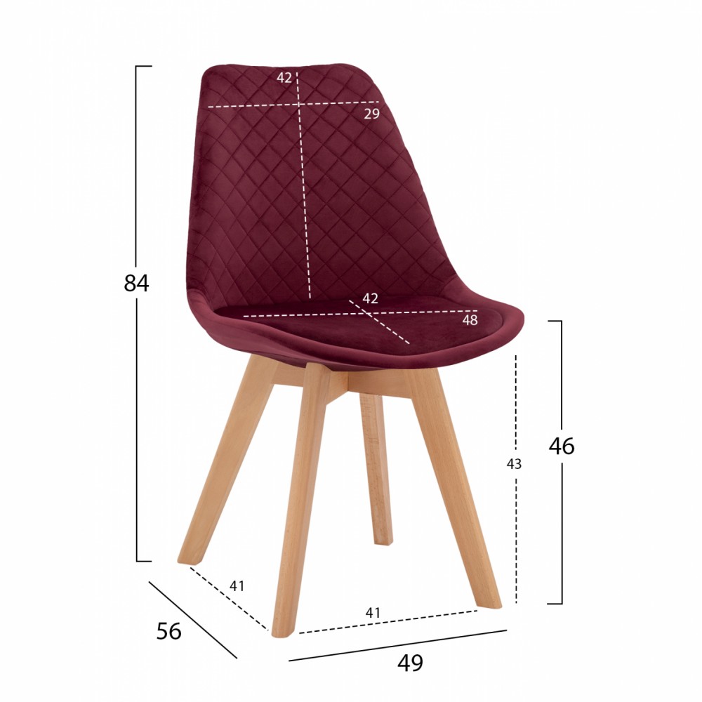 Καρέκλα "VENICE" από βελούδο/ξύλο σε κόκκινο βουργουνδίας/φυσικό χρώμα 49x56x84