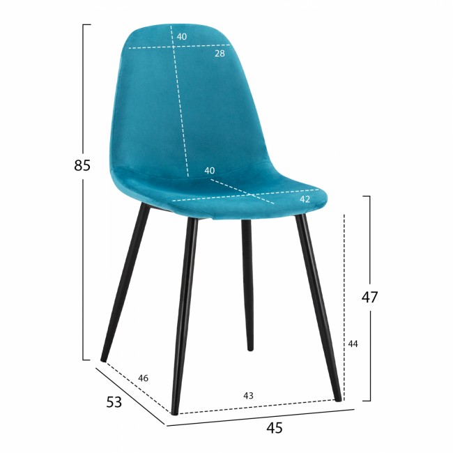 Καρέκλα "LEONARDO" από βελούδο/μέταλλο σε τυρκουάζ/μαύρο 45x53x85