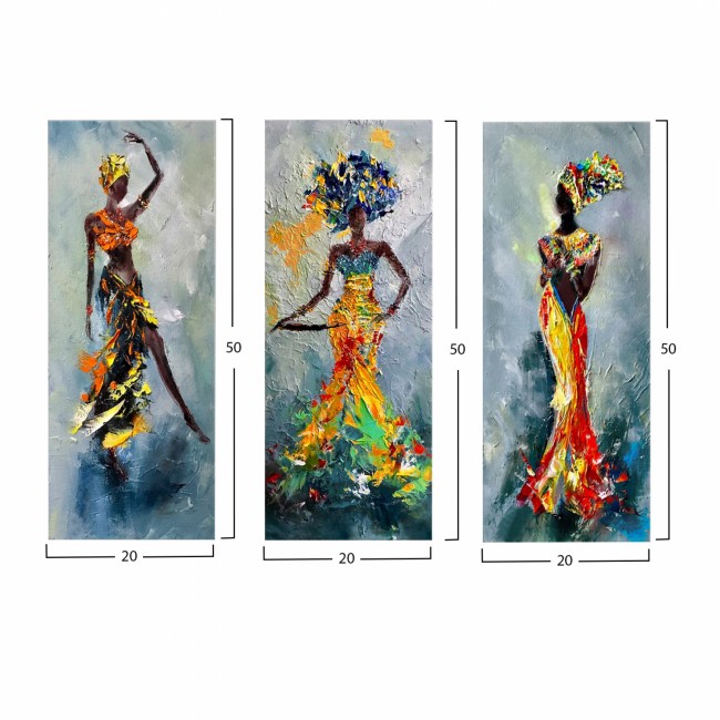 Πίνακας τρίπτυχος "AFRICAN GIRL IN COLORFUL DRESS" από mdf πολύχρωμος 60x3x50