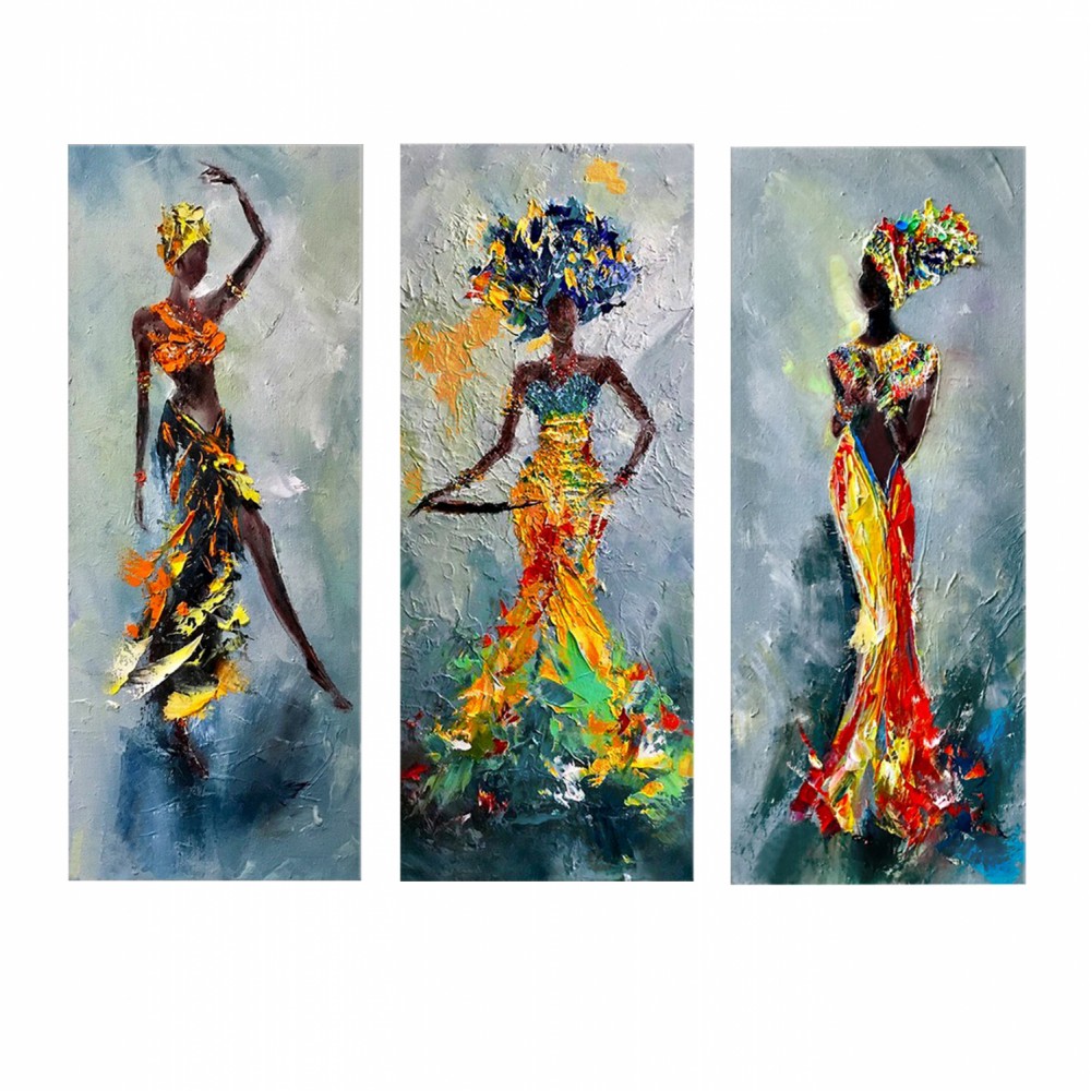 Πίνακας τρίπτυχος "AFRICAN GIRL IN COLORFUL DRESS" από mdf πολύχρωμος 60x3x50