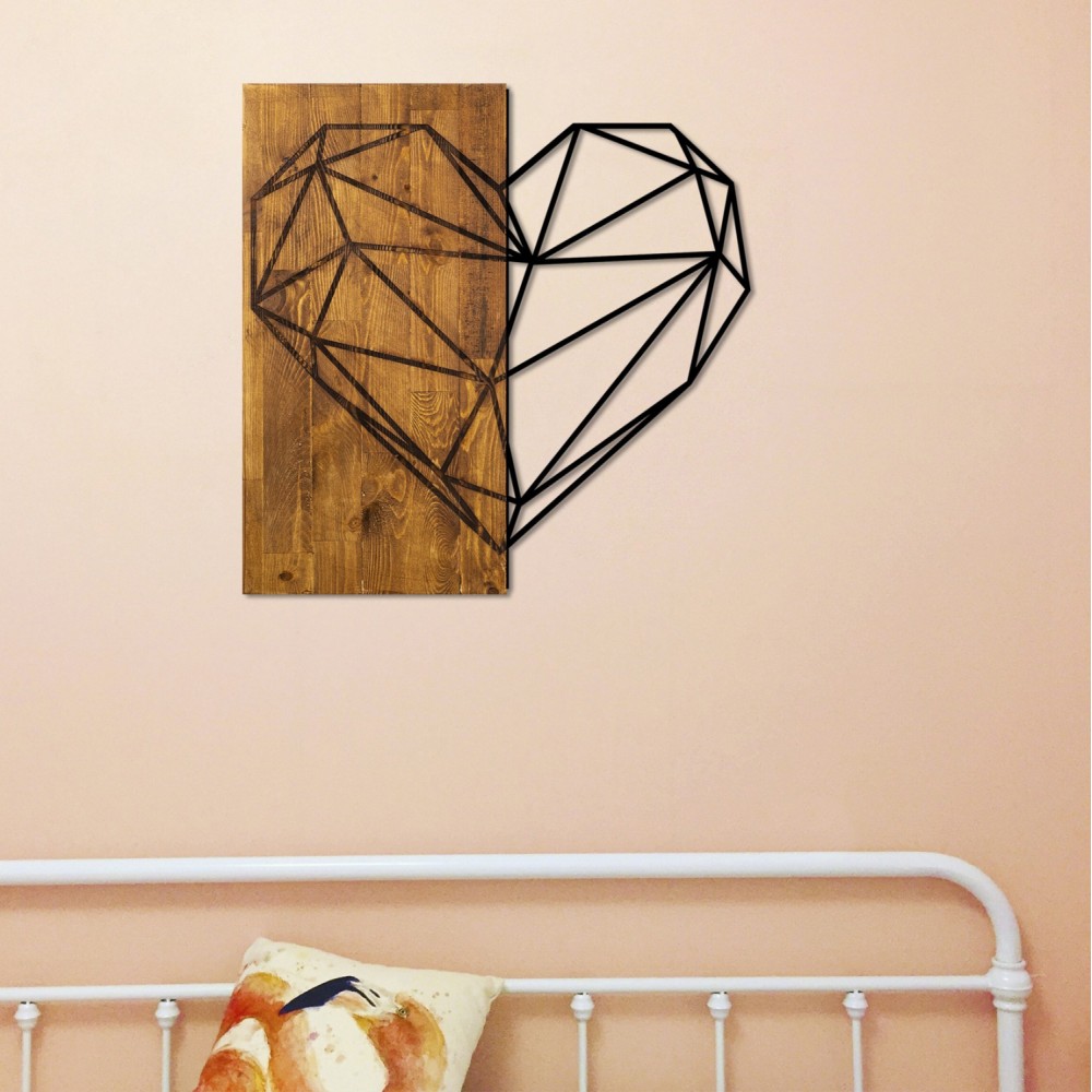 Διακοσμητικό τοίχου "ΚΑΡΔΙΑ" από ξύλο/μέταλλο σε χρώμα καρυδί/μαύρο 58x58