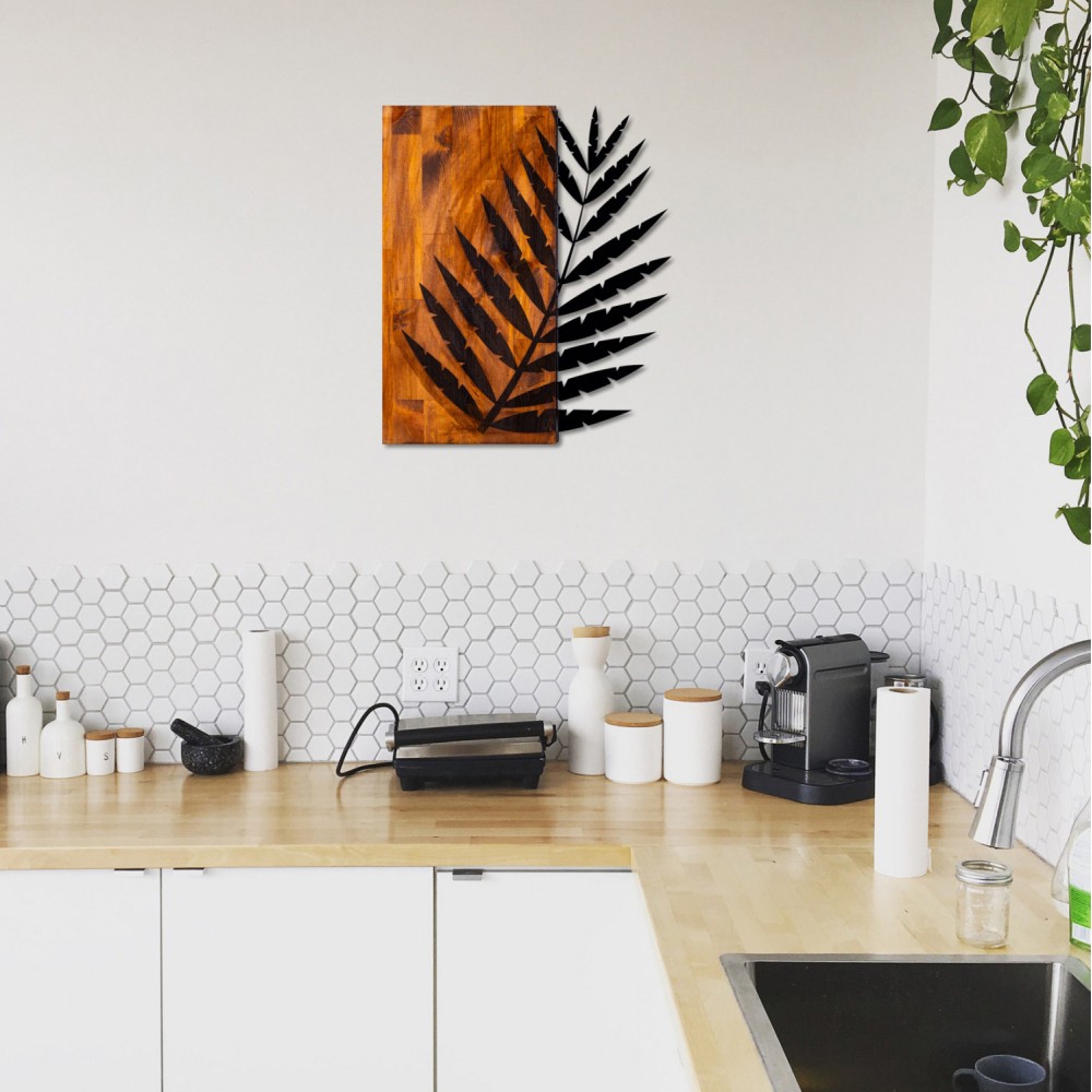 Διακοσμητικό τοίχου "ΦΥΛΛΟ" από μέταλλο/ξύλο σε χρώμα φυσικό/μαύρο 50x58