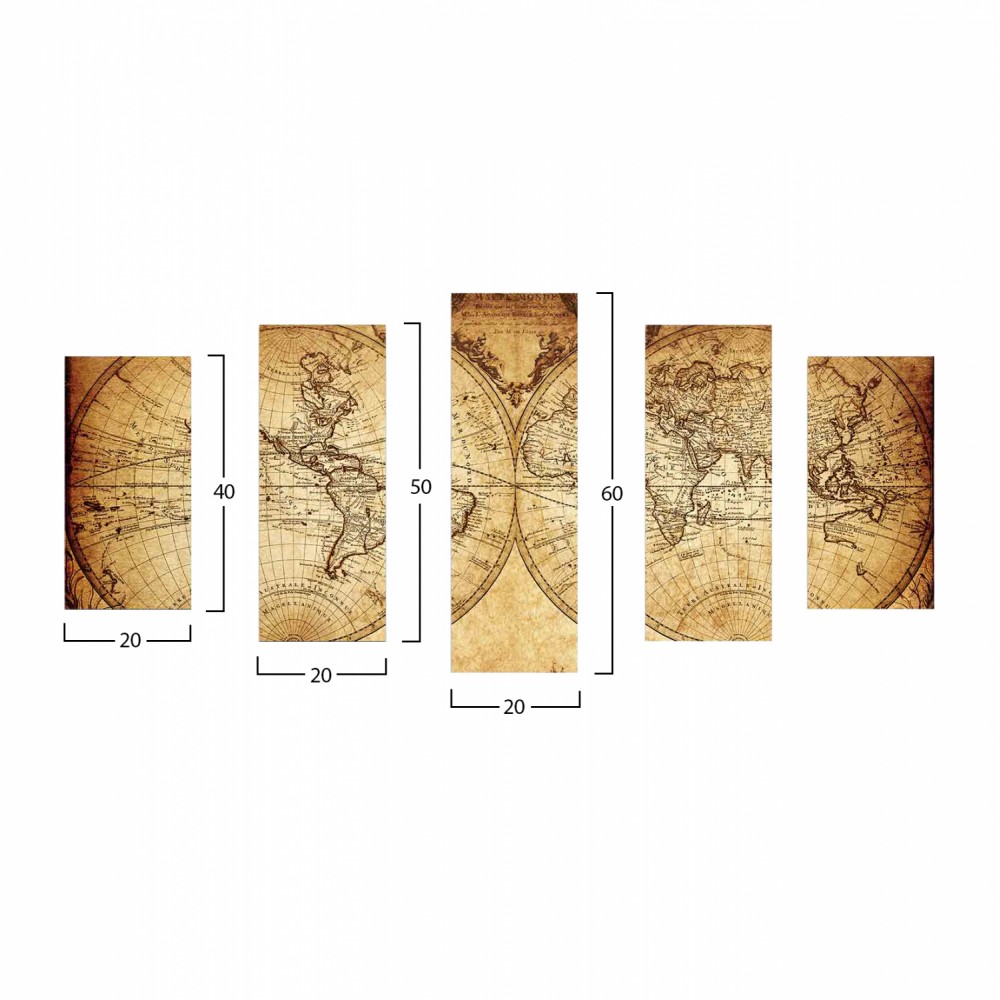 Πίνακας πεντάπτυχος "VINTAGE WORLD" από mdf πολύχρωμος 100x60