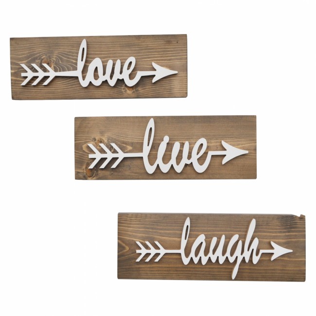 Διακοσμητικό τοίχου "LOVE LIVE LAUGH" από ξύλο σε χρώμα καρυδί/λευκό 40x14