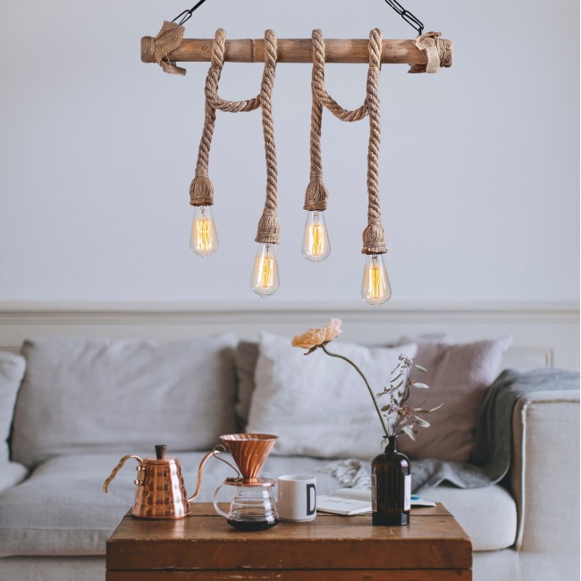 Φωτιστικό τετράφωτο από ξύλο/σχοινί σε χρώμα φυσικό 65x8x82