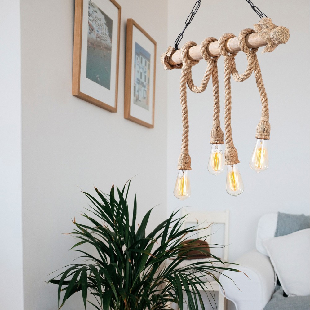 Φωτιστικό τετράφωτο από ξύλο/σχοινί σε χρώμα φυσικό 65x8x82