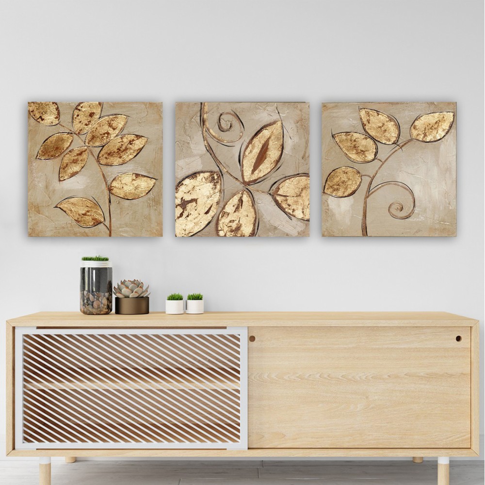 Πίνακας τρίπτυχος "GOLDEN LEAVES" σε καμβά πολύχρωμος 90x30