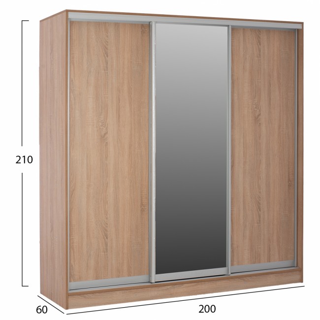 Ντουλάπα τρίφυλλη συρόμενη με καθρέφτη σε sonoma χρώμα 200x60x210
