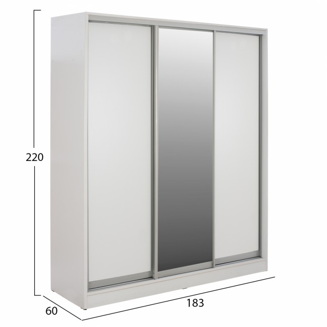 Ντουλάπα τρίφυλλη συρόμενη με καθρέφτη σε λευκό χρώμα 183x60x220