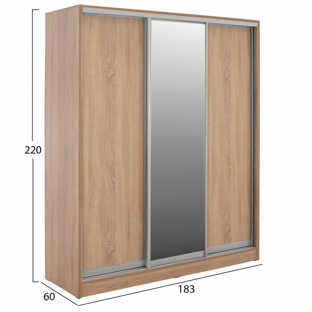 Ντουλάπα τρίφυλλη συρόμενη με καθρέφτη σε sonoma χρώμα 183x60x220