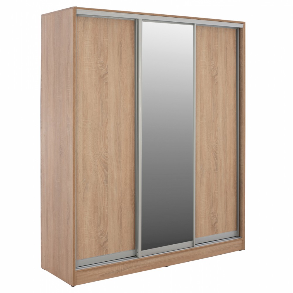 Ντουλάπα τρίφυλλη συρόμενη με καθρέφτη σε sonoma χρώμα 183x60x220