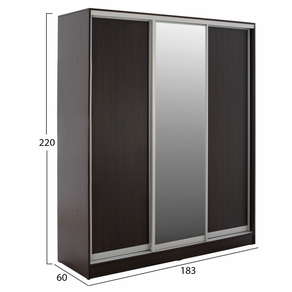 Ντουλάπα τρίφυλλη συρόμενη με καθρέφτη σε βέγγε χρώμα 183x60x220