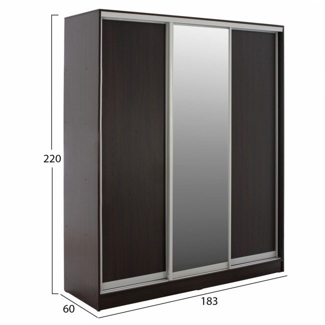 Ντουλάπα τρίφυλλη συρόμενη με καθρέφτη σε βέγγε χρώμα 183x60x220