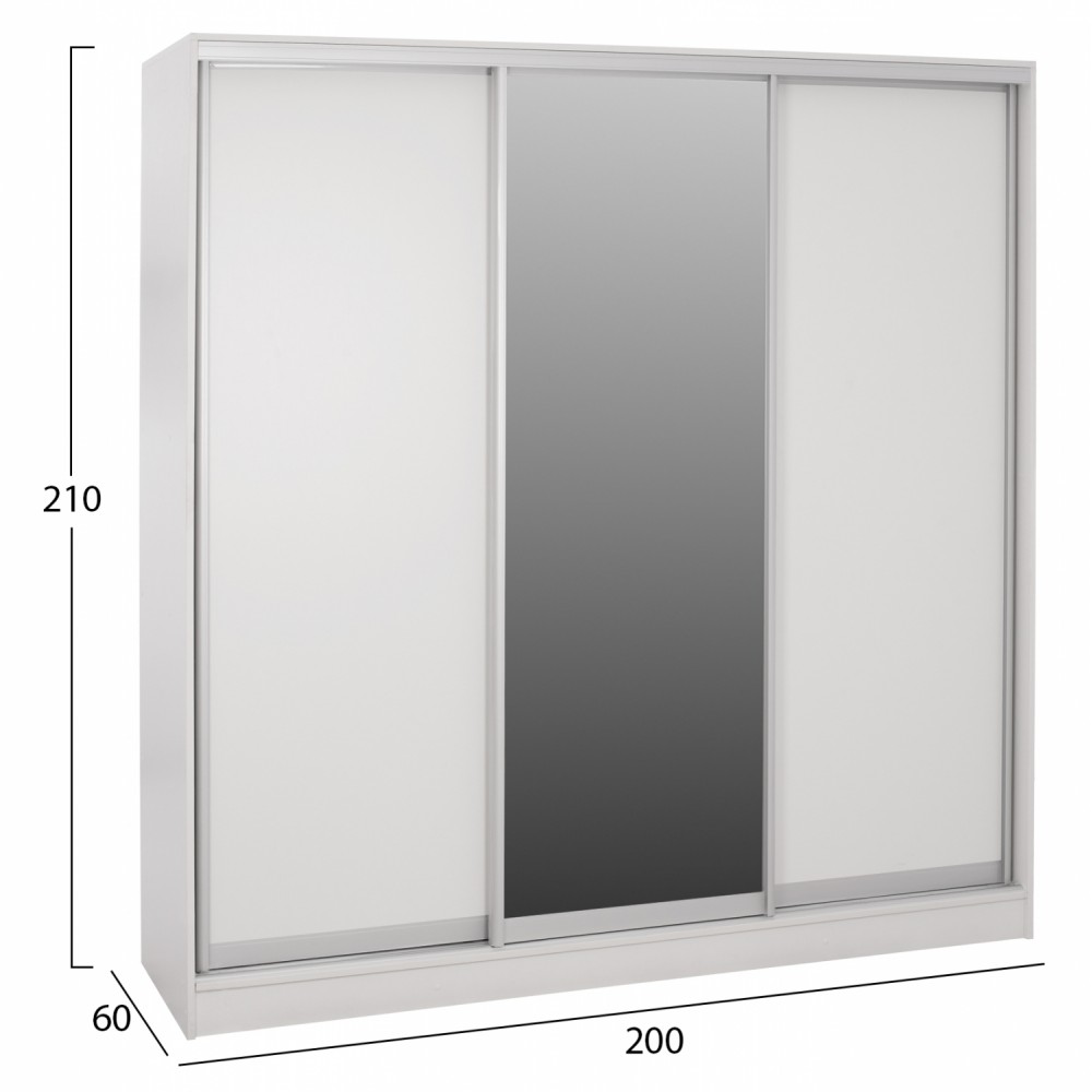 Ντουλάπα τρίφυλλη συρόμενη με καθρέφτη σε λευκό χρώμα 200x60x210