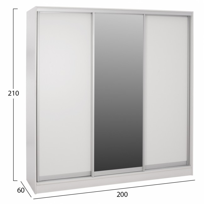 Ντουλάπα τρίφυλλη συρόμενη με καθρέφτη σε λευκό χρώμα 200x60x210