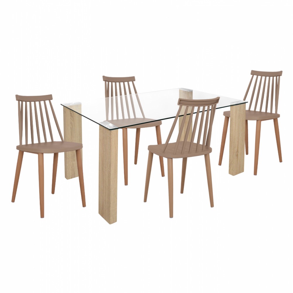 Σετ τραπεζαρίας 5τμχ από MDF/γυαλί σε sonoma/καπουτσίνο χρώμα 140x80x75