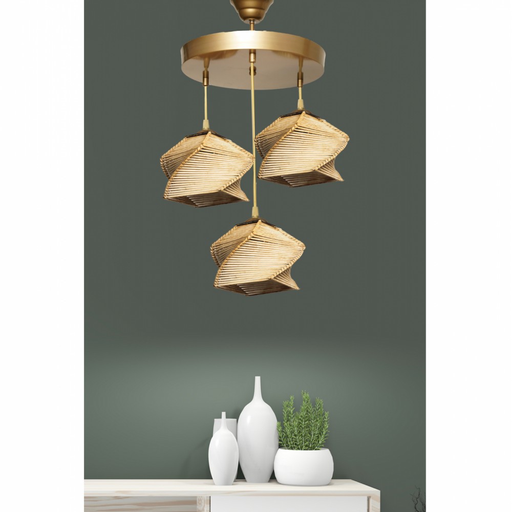 Φωτιστικό τρίφωτο από μπαμπού/μέταλλο σε φυσικό/χρυσό χρώμα 35x35x85