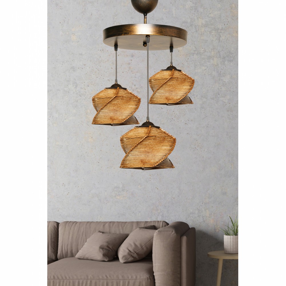 Φωτιστικό τρίφωτο από μέταλλο/μπαμπού σε μπρονζέ/φυσικό χρώμα Φ35x85