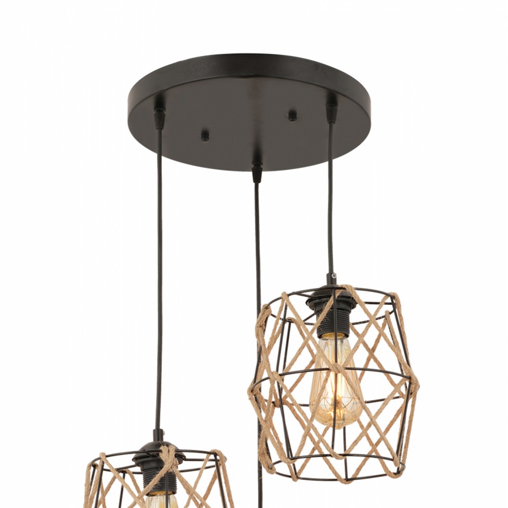 Φωτιστικό τρίφωτο από μέταλλο/σχοινί σε μαύρο/φυσικό χρώμα Ε27 Φ40x90