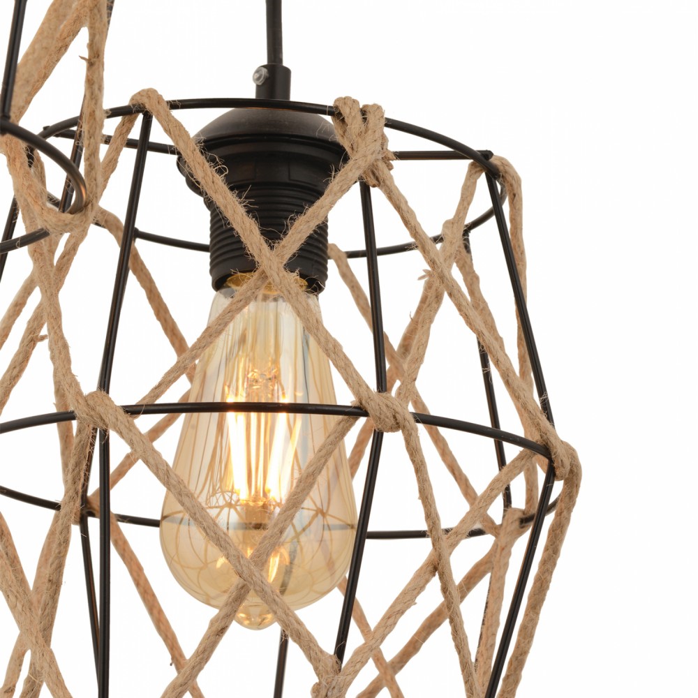 Φωτιστικό τρίφωτο από μέταλλο/σχοινί σε μαύρο/φυσικό χρώμα Ε27 Φ40x90