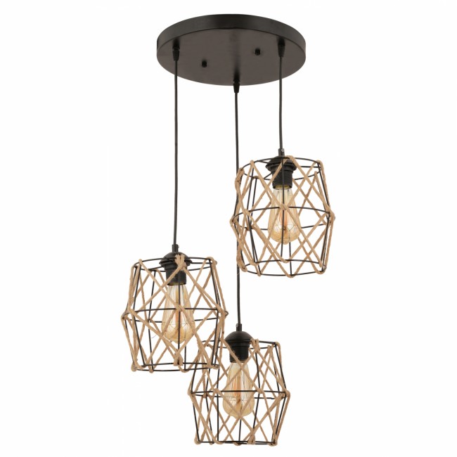 Φωτιστικό τρίφωτο από μέταλλο/σχοινί σε μαύρο/φυσικό χρώμα Ε27 Φ40x90