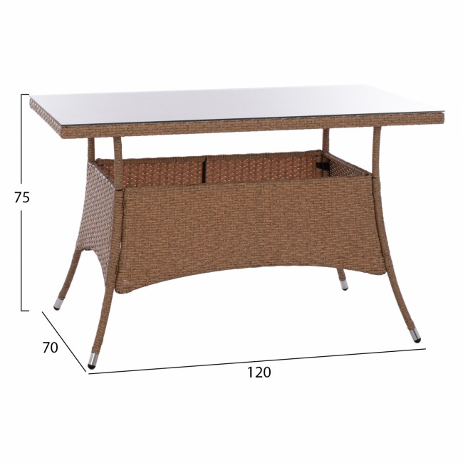 Τραπέζι "MILITARY" από μέταλλο/wicker/γυαλί σε μπεζ/καφέ χρώμα 120x70x75