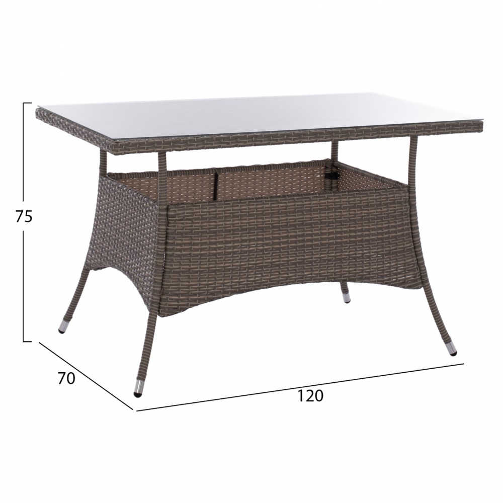 Τραπέζι "MILITARY" από μέταλλο/wicker/γυαλί σε γκρι χρώμα 120x70x75