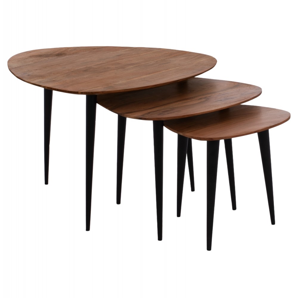 Τραπέζια ζιγκόν "EMILIANO" 3τμχ από μασίφ ξύλο/μέταλλο σε φυσικό/μαύρο χρώμα 69.5x67x46