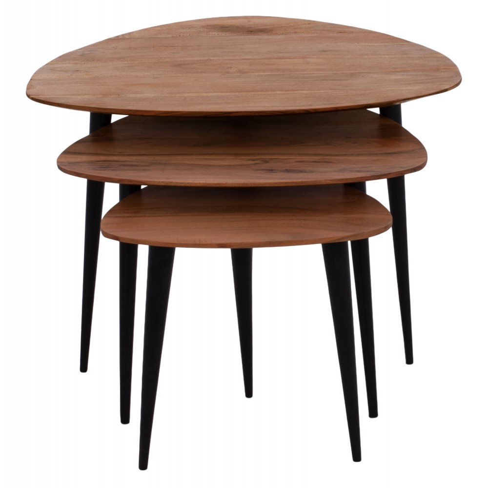 Τραπέζια ζιγκόν "EMILIANO" 3τμχ από μασίφ ξύλο/μέταλλο σε φυσικό/μαύρο χρώμα 69.5x67x46