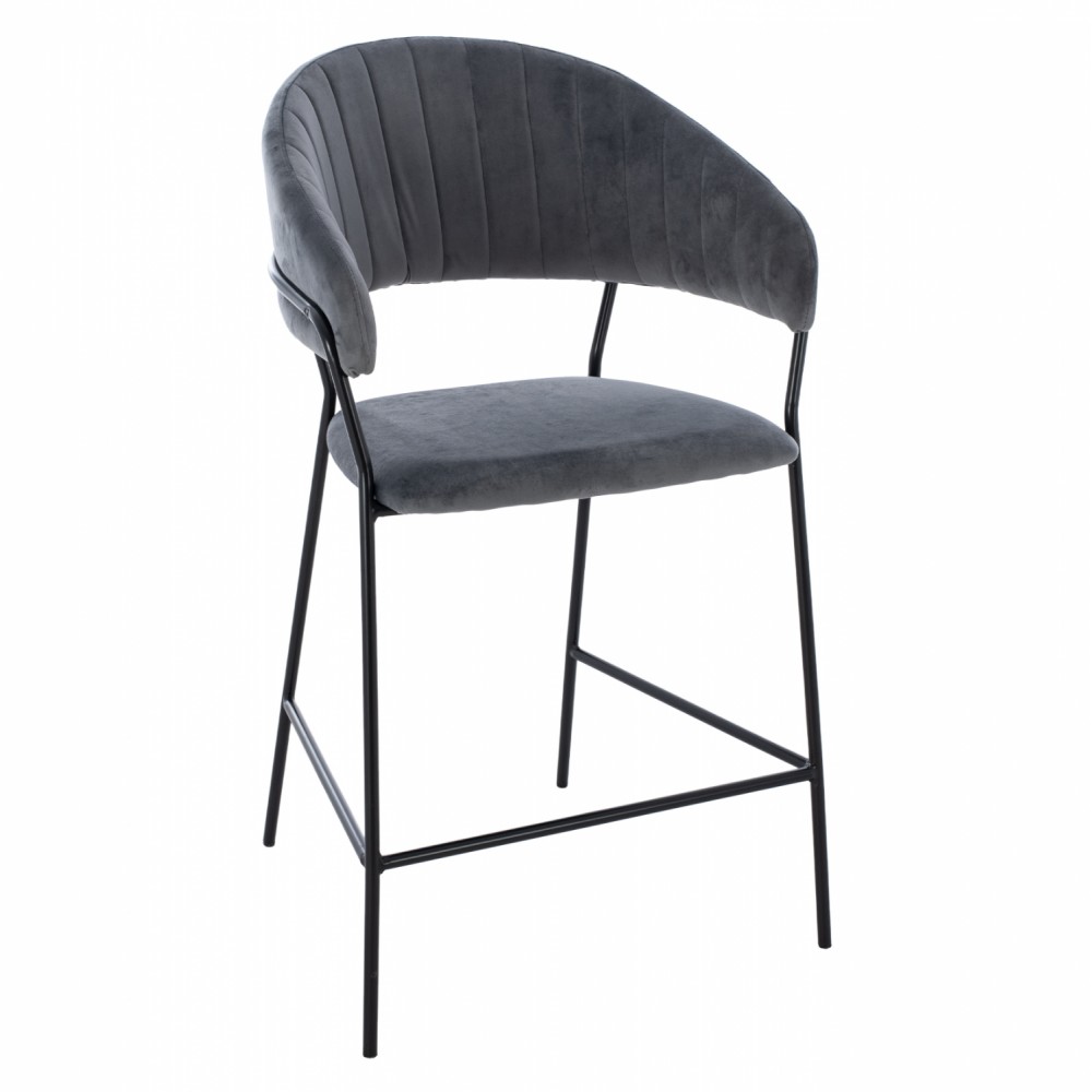 Σκαμπό μπαρ "THEODORE" από μέταλλο-βελούδο σε μαύρο-γκρι χρώμα 60x55x100