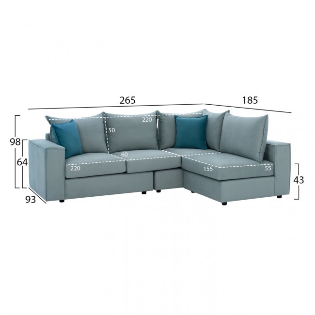 Καναπές αναστρέψιμος "MONZA" από ύφασμα σε σιέλ χρώμα 265x195x98