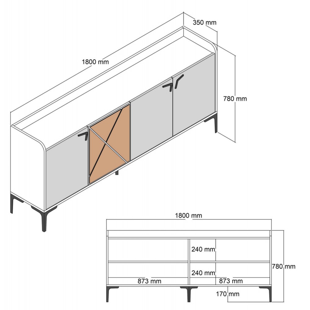 Μπουφές σε καρυδί-εκρού χρώμα 180x35x78